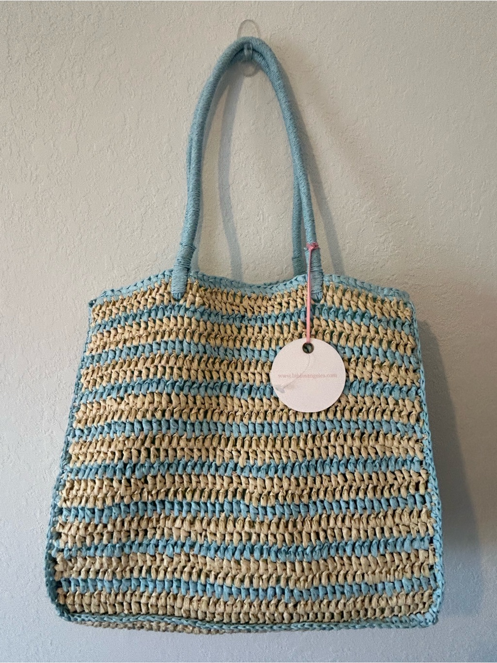Blue And Natural Striped Crochet Tote Bag